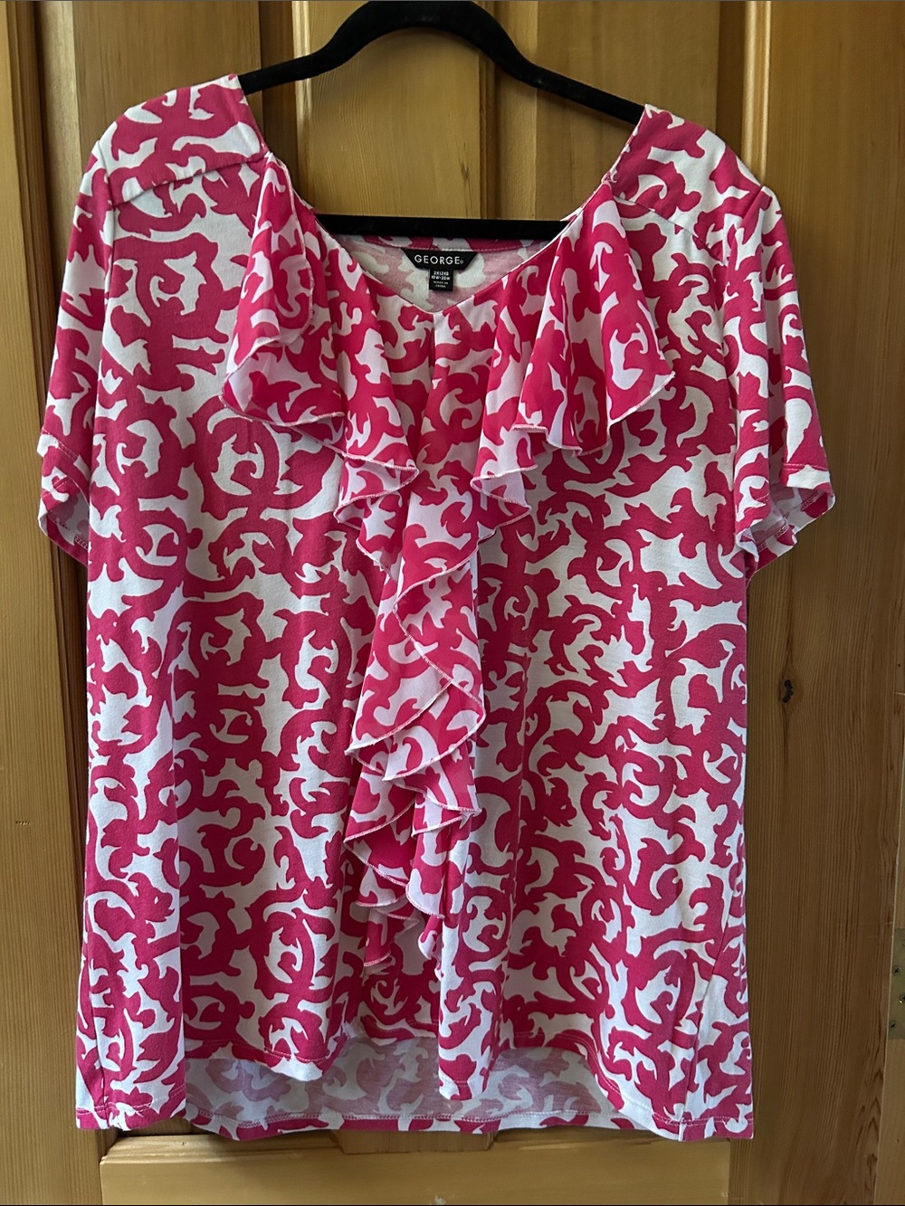 George Pink and White Ruffle Front Blouse